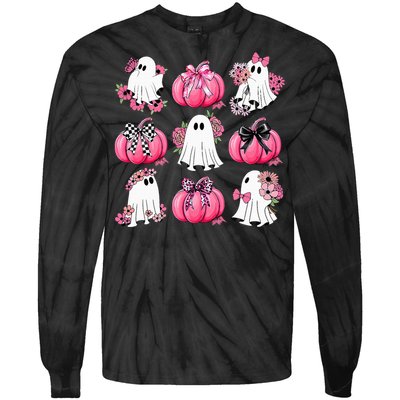 Cute Ghost Florals Coquette Bows Pumpkins Halloween Tie-Dye Long Sleeve Shirt