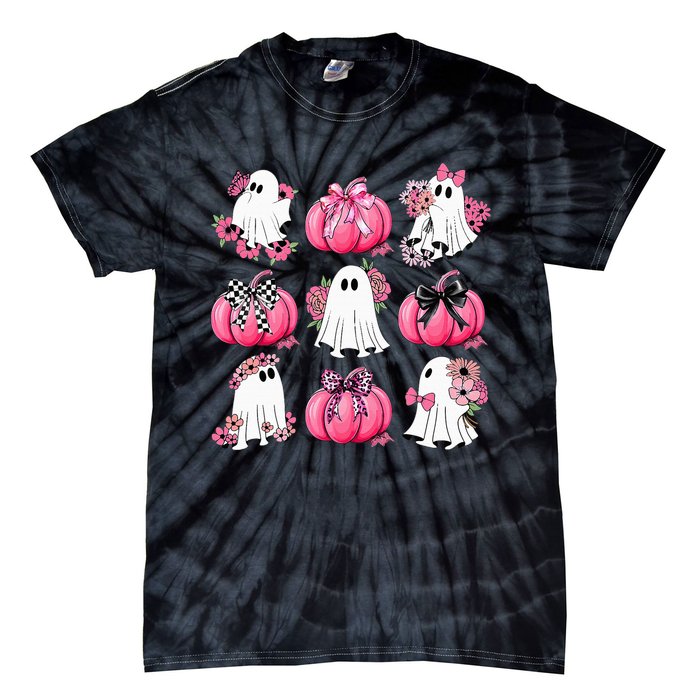 Cute Ghost Florals Coquette Bows Pumpkins Halloween Tie-Dye T-Shirt