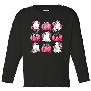 Cute Ghost Florals Coquette Bows Pumpkins Halloween Toddler Long Sleeve Shirt