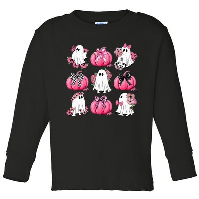 Cute Ghost Florals Coquette Bows Pumpkins Halloween Toddler Long Sleeve Shirt