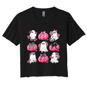 Cute Ghost Florals Coquette Bows Pumpkins Halloween Women's Crop Top Tee