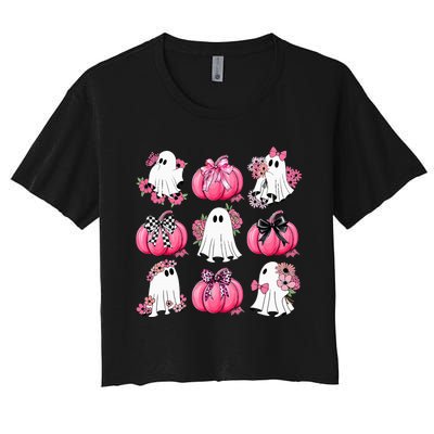 Cute Ghost Florals Coquette Bows Pumpkins Halloween Women's Crop Top Tee