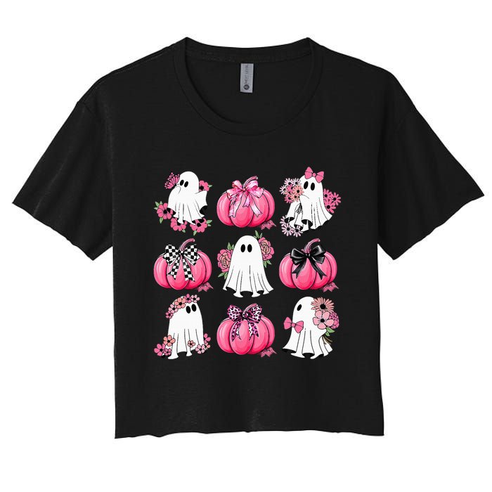 Cute Ghost Florals Coquette Bows Pumpkins Halloween Women's Crop Top Tee