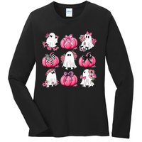 Cute Ghost Florals Coquette Bows Pumpkins Halloween Ladies Long Sleeve Shirt