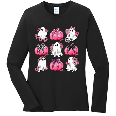 Cute Ghost Florals Coquette Bows Pumpkins Halloween Ladies Long Sleeve Shirt