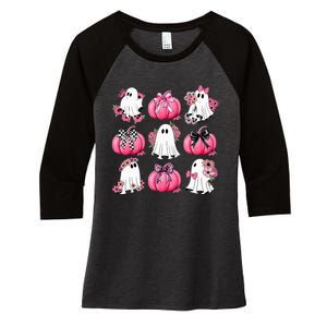 Cute Ghost Florals Coquette Bows Pumpkins Halloween Women's Tri-Blend 3/4-Sleeve Raglan Shirt