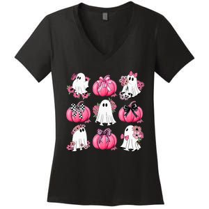 Cute Ghost Florals Coquette Bows Pumpkins Halloween Women's V-Neck T-Shirt