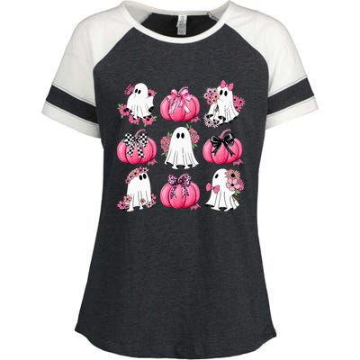 Cute Ghost Florals Coquette Bows Pumpkins Halloween Enza Ladies Jersey Colorblock Tee