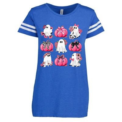 Cute Ghost Florals Coquette Bows Pumpkins Halloween Enza Ladies Jersey Football T-Shirt