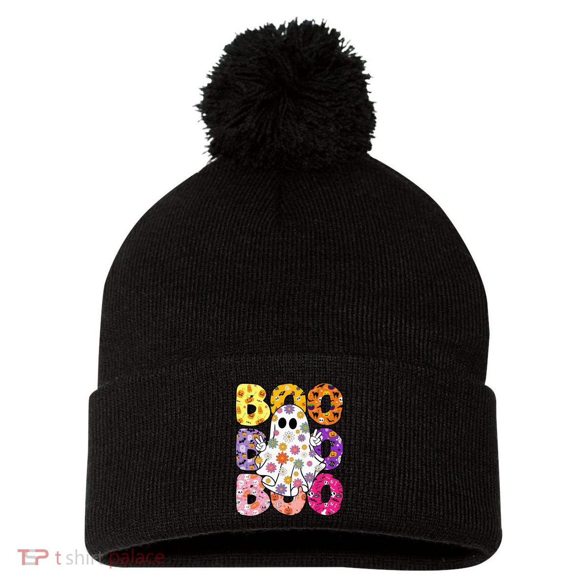 Cute Ghost Floral Boo Halloween Boy Girl Ghost Spooky Season Pom Pom 12in Knit Beanie