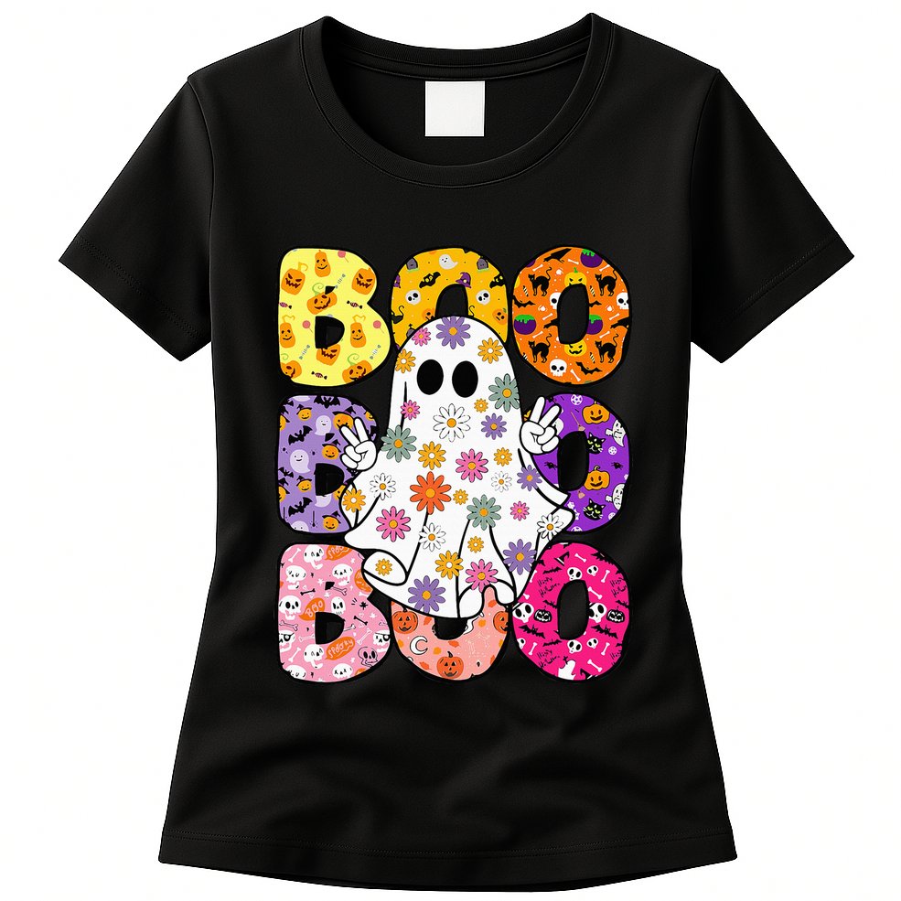 Cute Ghost Floral Boo Halloween Boy Girl Ghost Spooky Season Womens T-Shirt