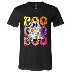 Cute Ghost Floral Boo Halloween Ghost Spooky Season V-Neck T-Shirt