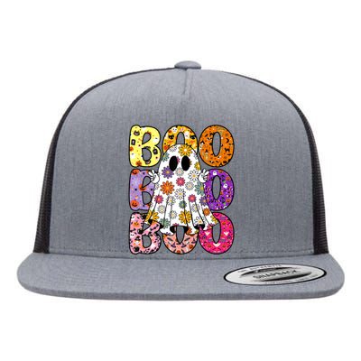 Cute Ghost Floral Boo Halloween Ghost Spooky Season Flat Bill Trucker Hat