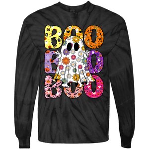 Cute Ghost Floral Boo Halloween Ghost Spooky Season Tie-Dye Long Sleeve Shirt