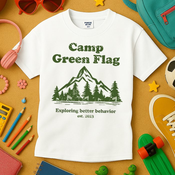 Camp Green Flag Exploring Better Behavior Est 2023 Kids T-Shirt