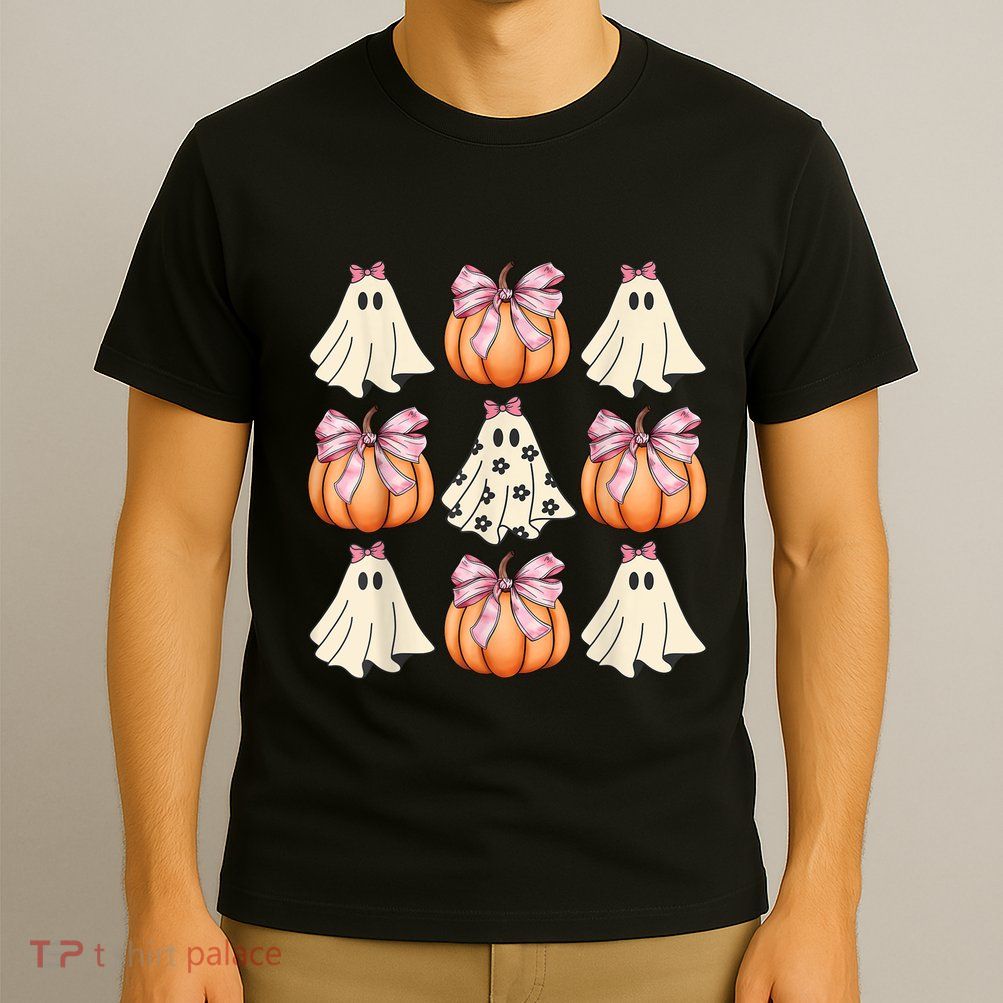 Cute Ghost Florals Coquette Bows Pumpkins Halloween T-Shirt