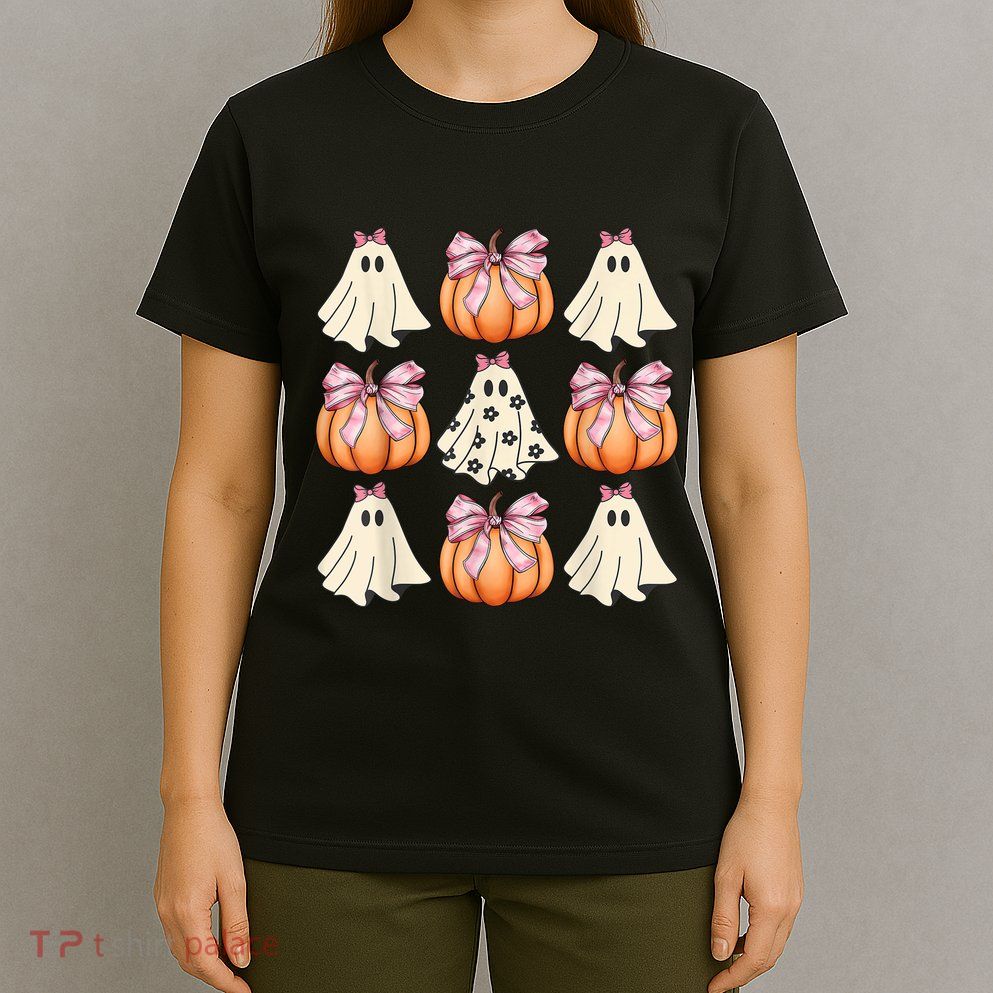 Cute Ghost Florals Coquette Bows Pumpkins Halloween T-Shirt
