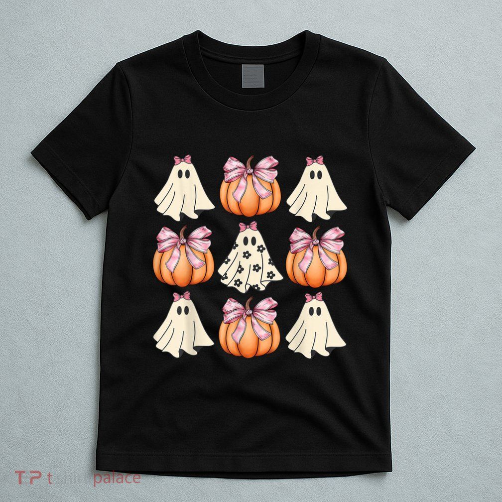 Cute Ghost Florals Coquette Bows Pumpkins Halloween T-Shirt