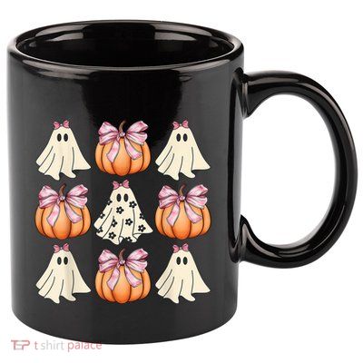 Cute Ghost Florals Coquette Bows Pumpkins Halloween 11oz C Handle Ceramic Mug
