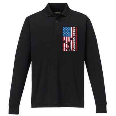 Cheer Grandpa For Usa American Flag Cheerleader Grandpa Long Performance Long Sleeve Polo