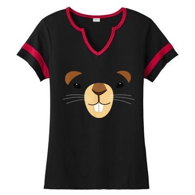 Cute Groundhog Face Ladies Halftime Notch Neck Tee