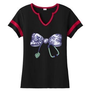 Cute Gift Floral Blue Coquette Bow Stethoscope Nurse Doctor Ladies Halftime Notch Neck Tee