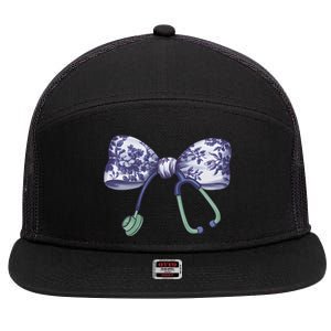 Cute Gift Floral Blue Coquette Bow Stethoscope Nurse Doctor 7 Panel Mesh Trucker Snapback Hat