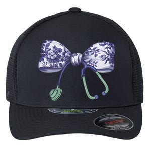 Cute Gift Floral Blue Coquette Bow Stethoscope Nurse Doctor Flexfit Unipanel Trucker Cap