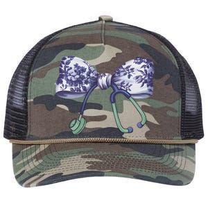 Cute Gift Floral Blue Coquette Bow Stethoscope Nurse Doctor Retro Rope Trucker Hat Cap