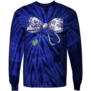 Cute Gift Floral Blue Coquette Bow Stethoscope Nurse Doctor Tie-Dye Long Sleeve Shirt