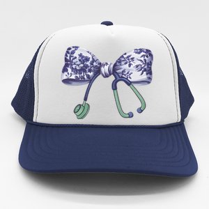 Cute Gift Floral Blue Coquette Bow Stethoscope Nurse Doctor Trucker Hat