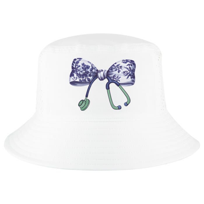 Cute Gift Floral Blue Coquette Bow Stethoscope Nurse Doctor Cool Comfort Performance Bucket Hat