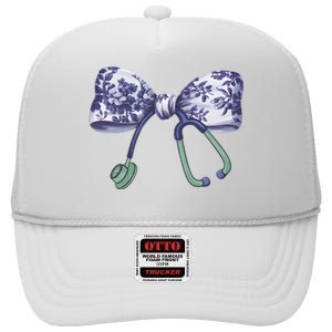 Cute Gift Floral Blue Coquette Bow Stethoscope Nurse Doctor High Crown Mesh Back Trucker Hat