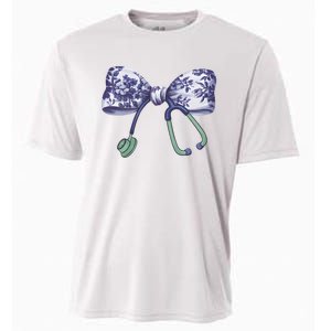 Cute Gift Floral Blue Coquette Bow Stethoscope Nurse Doctor Cooling Performance Crew T-Shirt