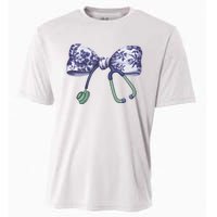 Cute Gift Floral Blue Coquette Bow Stethoscope Nurse Doctor Cooling Performance Crew T-Shirt