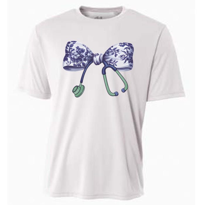 Cute Gift Floral Blue Coquette Bow Stethoscope Nurse Doctor Cooling Performance Crew T-Shirt