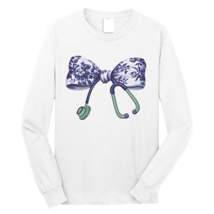 Cute Gift Floral Blue Coquette Bow Stethoscope Nurse Doctor Long Sleeve Shirt