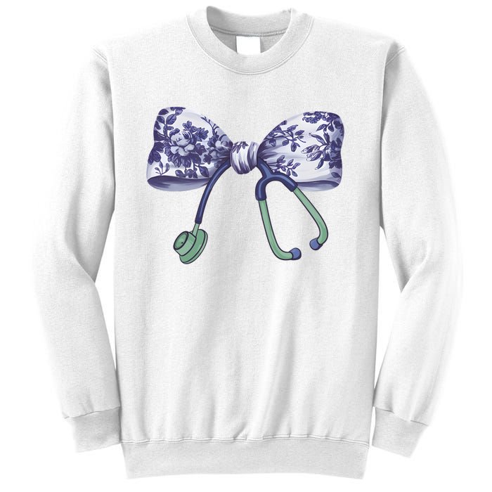 Cute Gift Floral Blue Coquette Bow Stethoscope Nurse Doctor Sweatshirt