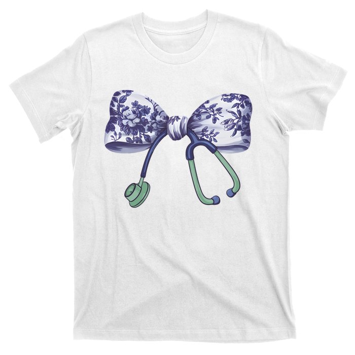 Cute Gift Floral Blue Coquette Bow Stethoscope Nurse Doctor T-Shirt