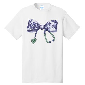 Cute Gift Floral Blue Coquette Bow Stethoscope Nurse Doctor Tall T-Shirt