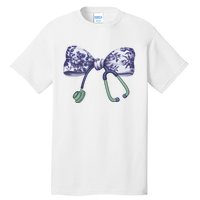 Cute Gift Floral Blue Coquette Bow Stethoscope Nurse Doctor Tall T-Shirt