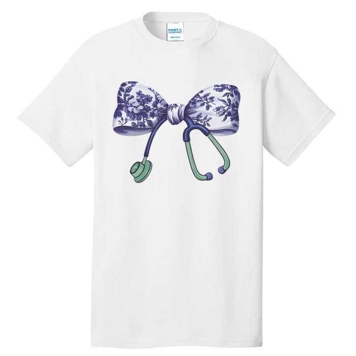 Cute Gift Floral Blue Coquette Bow Stethoscope Nurse Doctor Tall T-Shirt