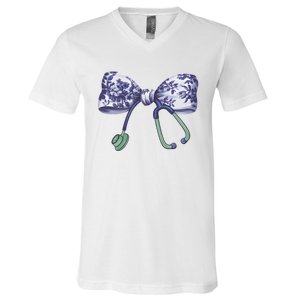 Cute Gift Floral Blue Coquette Bow Stethoscope Nurse Doctor V-Neck T-Shirt