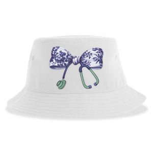 Cute Gift Floral Blue Coquette Bow Stethoscope Nurse Doctor Sustainable Bucket Hat