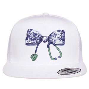 Cute Gift Floral Blue Coquette Bow Stethoscope Nurse Doctor Flat Bill Trucker Hat