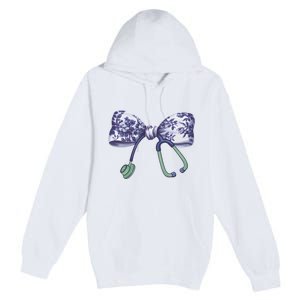 Cute Gift Floral Blue Coquette Bow Stethoscope Nurse Doctor Premium Pullover Hoodie