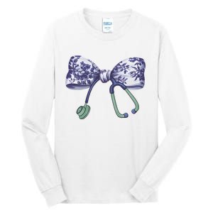 Cute Gift Floral Blue Coquette Bow Stethoscope Nurse Doctor Tall Long Sleeve T-Shirt