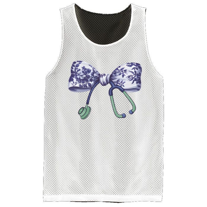 Cute Gift Floral Blue Coquette Bow Stethoscope Nurse Doctor Mesh Reversible Basketball Jersey Tank