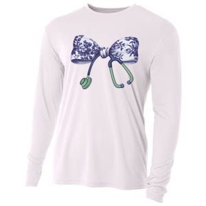 Cute Gift Floral Blue Coquette Bow Stethoscope Nurse Doctor Cooling Performance Long Sleeve Crew