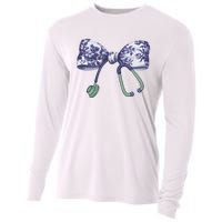 Cute Gift Floral Blue Coquette Bow Stethoscope Nurse Doctor Cooling Performance Long Sleeve Crew